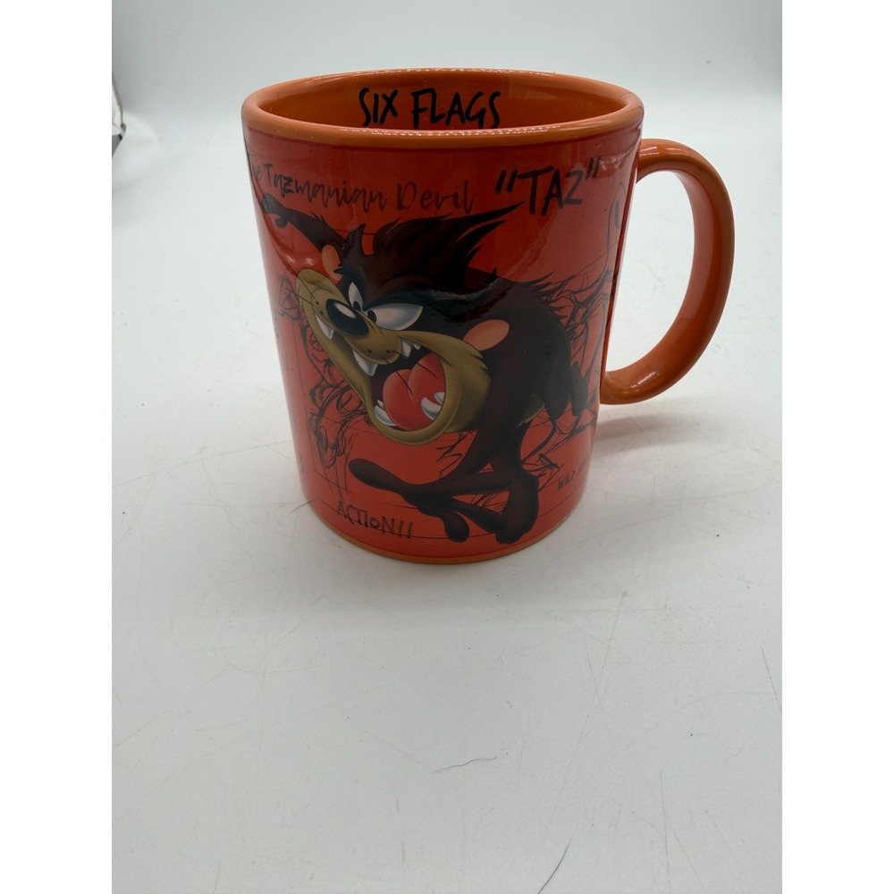 Six Flags Looney Tunes Taz Sketch 11oz Orange Ceramic Coffee Mug 2018